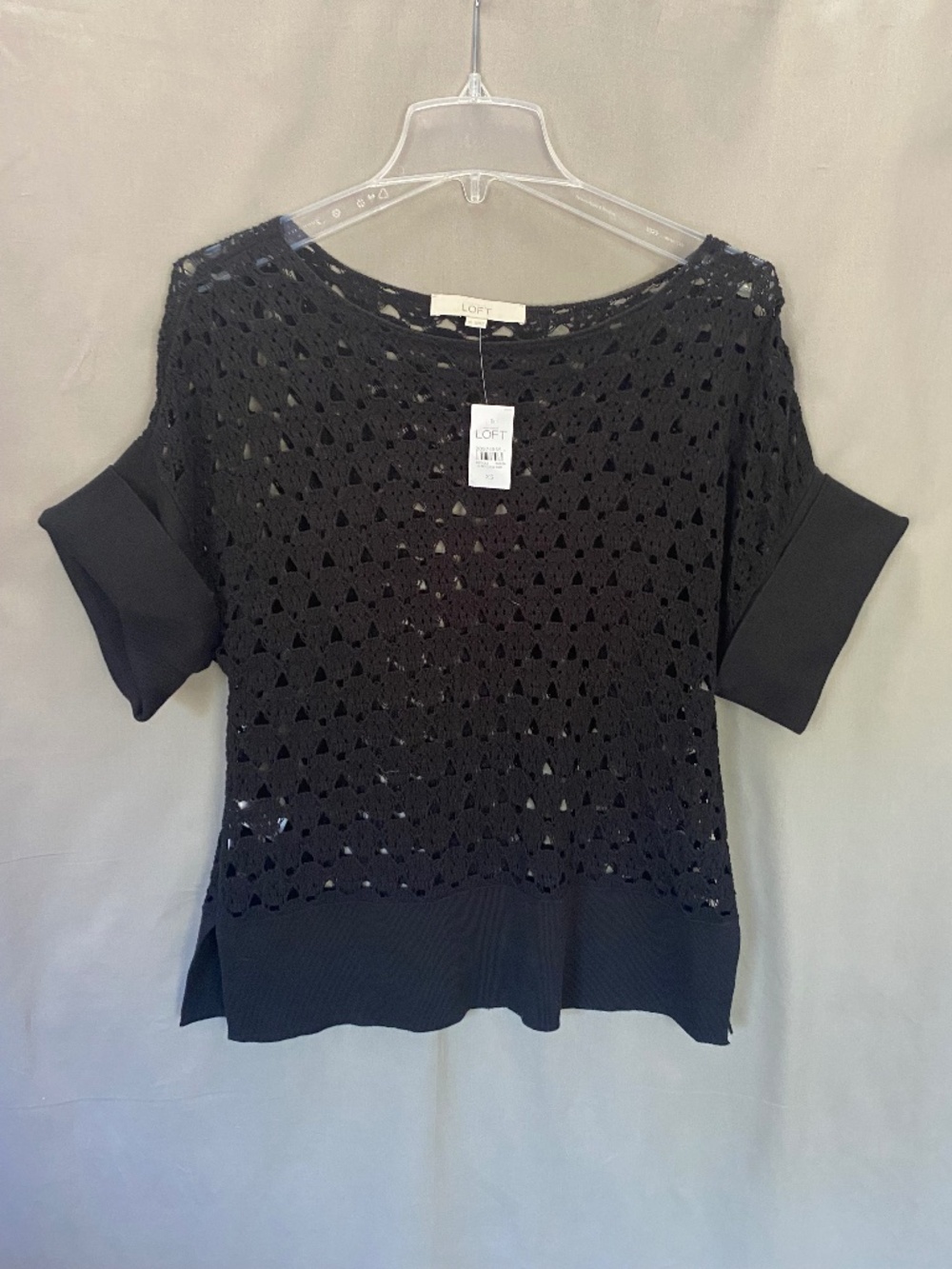 LOFT Open Knit Short Sleeve Sweater with round collar, Black, Size XS (NWT)